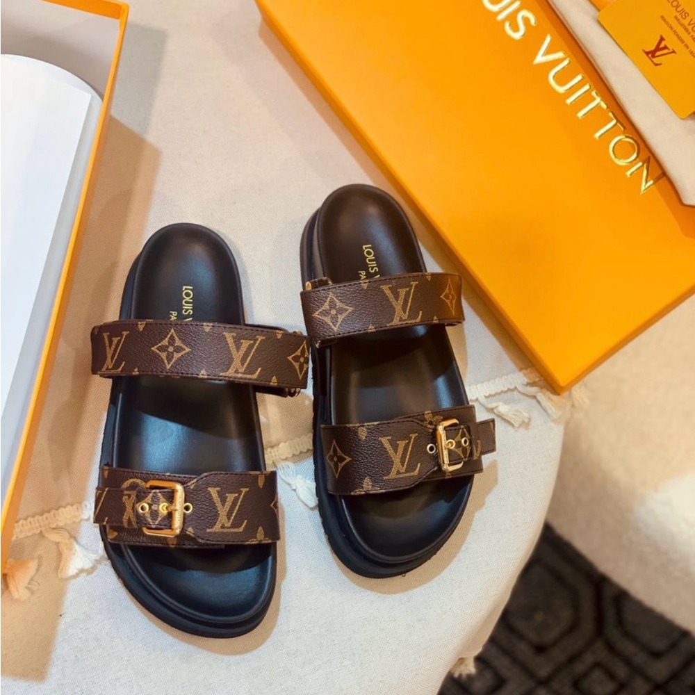 Louis Vuitton Black and Brown Monogram Slides